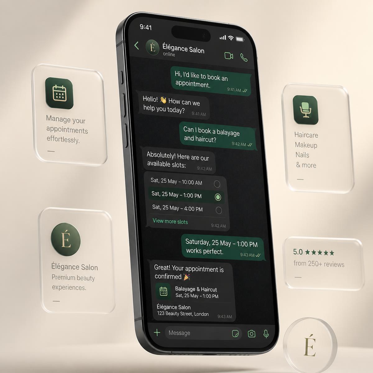 A customer booking conversation handled by the Daveris.ai digital receptionist
